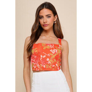Lulus Alluring Impression Orange Floral Mesh Bustier Tank Top - Size S
